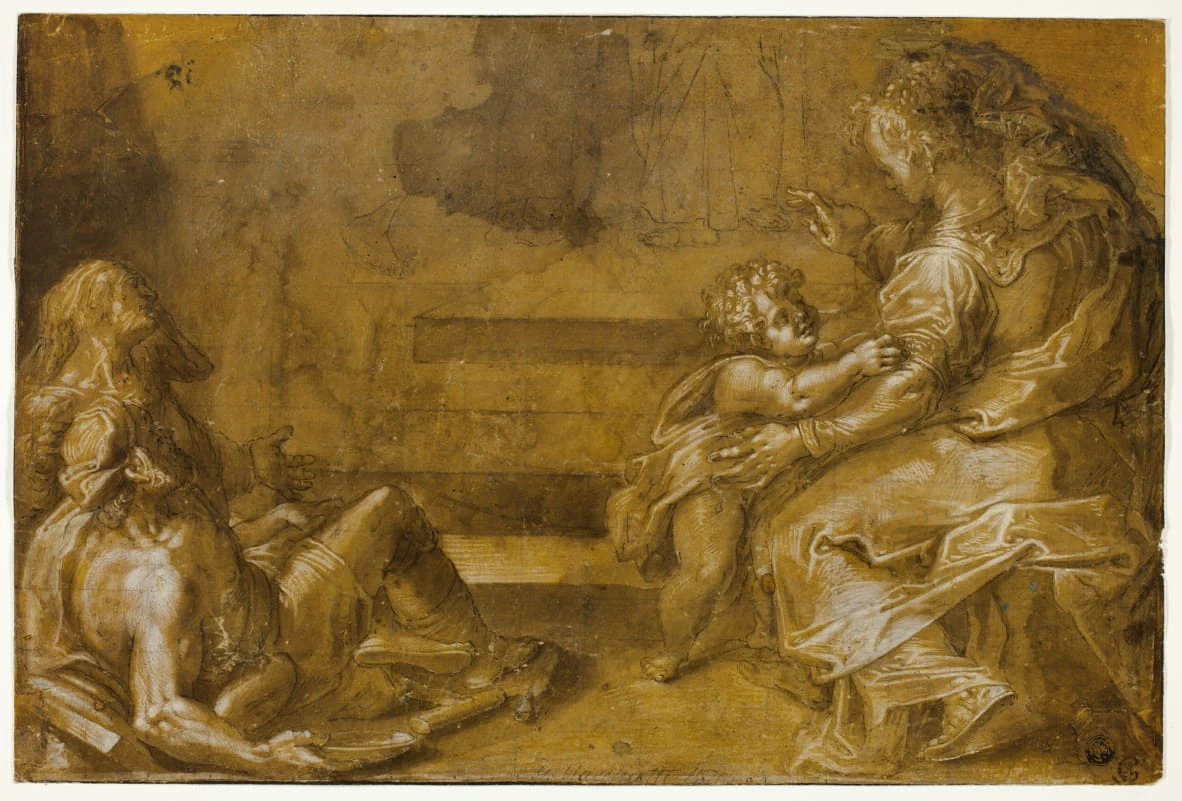 Due mendicanti sdraiati e madre e bambino seduti ai piedi dei gradini - Art Institute of Chicago